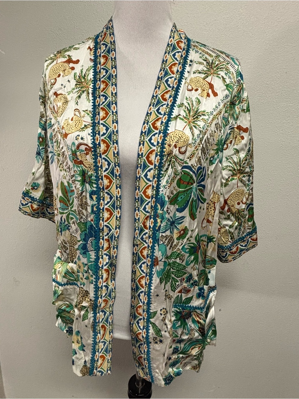 POUPETTE ST BARTH Women's Tropical Print Open-Front Kimono Jacket - White/Green
